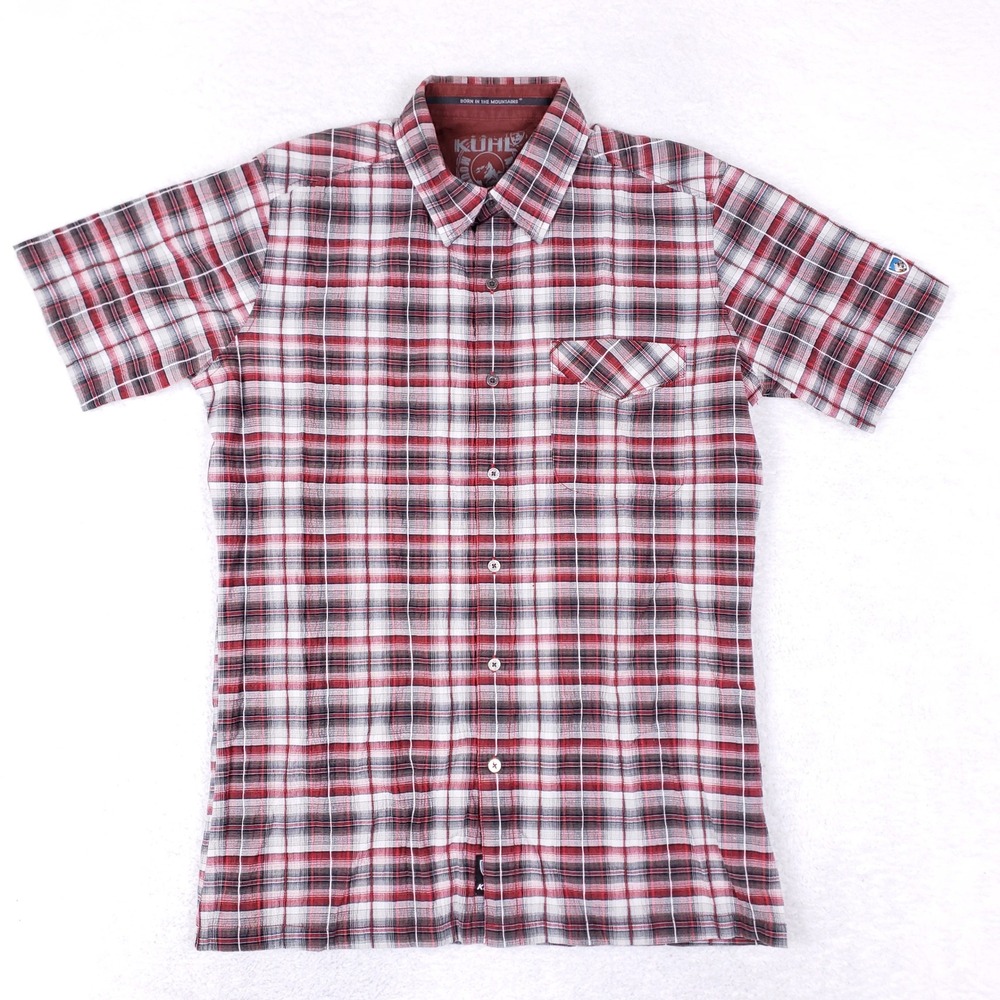 Kuhl Short Sleeve Shirt Mens S Plaid Performance Red White Gray Hiking Gorpcore